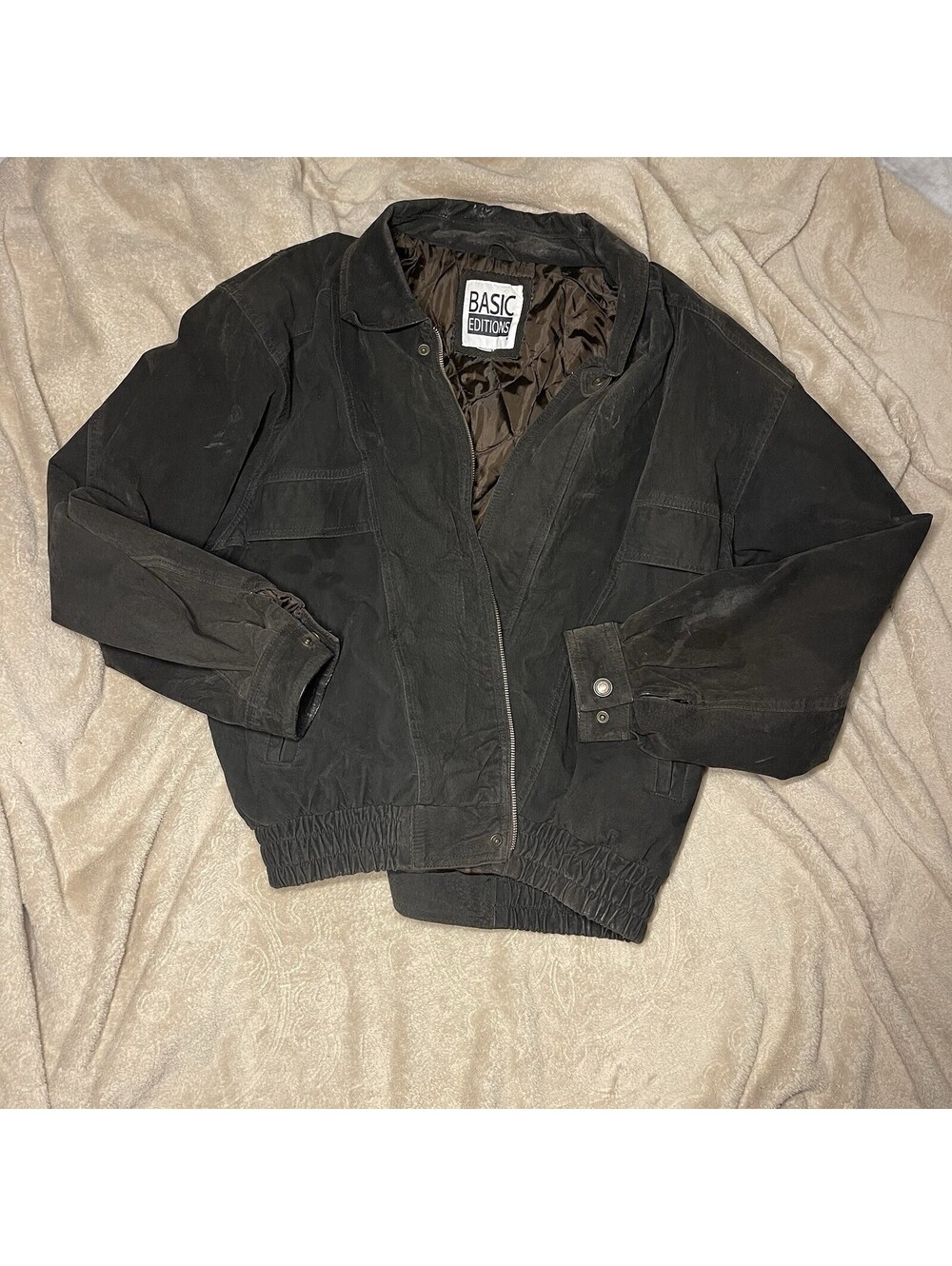 Vintage 90s Basic Editions Suede Leather Bomber Jacket Large Brown Distressed